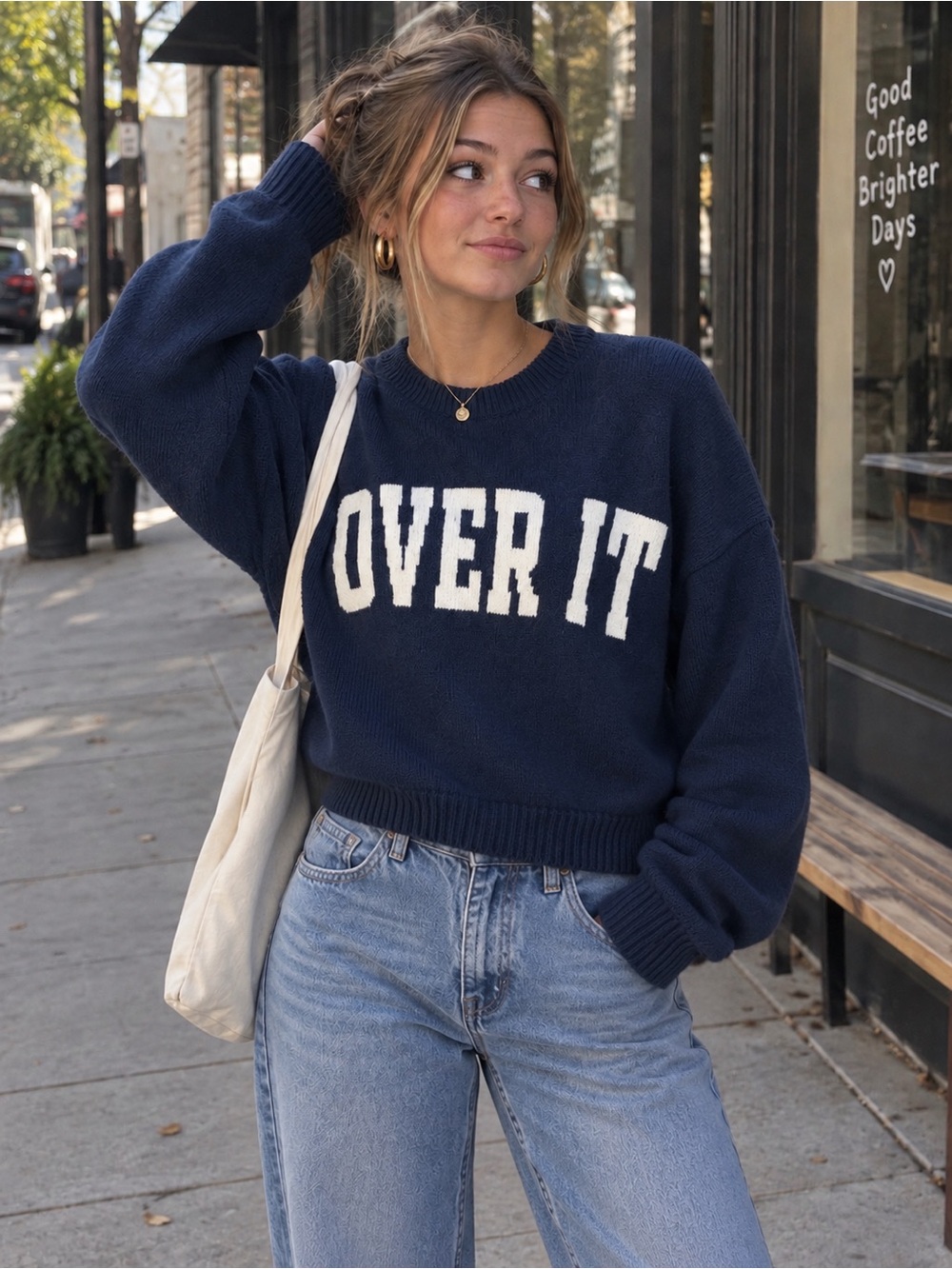 Women's Navy 'OVER IT' Crewneck Sweater - Classic Knit